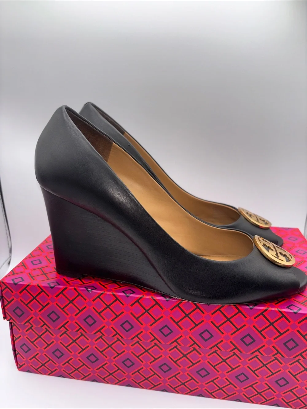 Tory Burch Black Leather Peep Toe Wedges with Gold Logo Medallion
